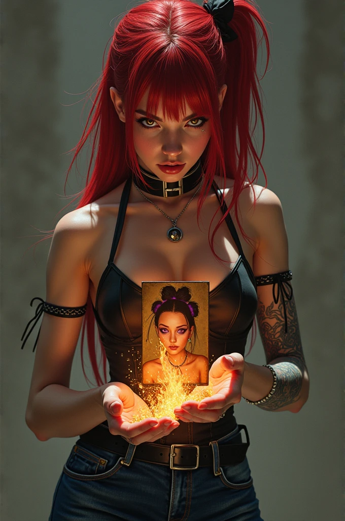 can you create me a realistic image of a red haired girl with a long butterfly cut brown eyes wearing blue jeans and black corset with piercings. burning a picture of a girl with black and purple space buns tan skin purple eyes and piercings