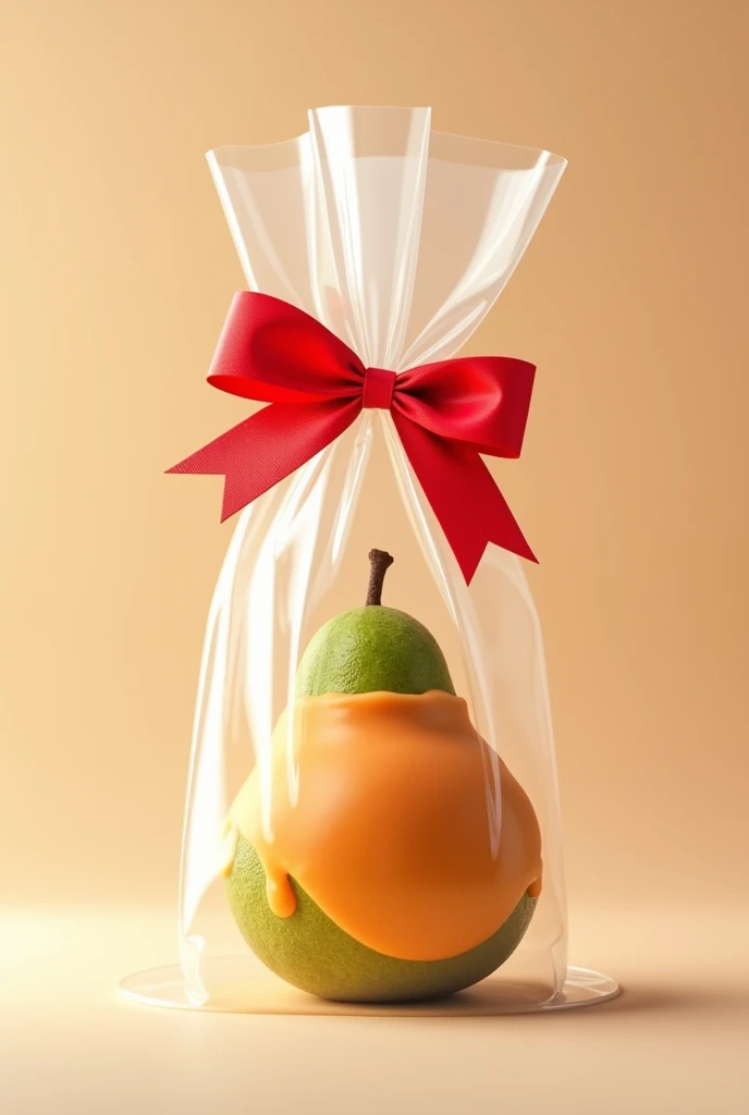 create an image with a transparent bag with a red bow on the end, Inside there will be 8 units of buttery sweet that will cover a guava, leaving the ends of the guava sweet visible.