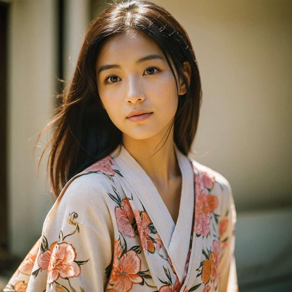 A hyper-realistic image of a single Japanese woman in her early 20s, captured from the shoulders up with the nostalgic warmth and subtle graininess of a film camera. She is wearing a traditional yukata with a vibrant, cute design featuring bold and colorful floral patterns such as cherry blossoms and peonies in shades of pink, red, and lavender, set against a soft pastel background. The obi is elegantly tied with a complementary color, adding a playful touch. The fabric of the yukata appears naturally lightweight, with visible folds and textures that enhance its realism, draping gracefully over her shoulders. Her skin, seen clearly from the shoulders up, has a warm beige tone with a highly realistic, slightly rough texture, showing visible pores, fine lines, and minor blemishes. The texture includes areas of slight unevenness, such as subtle dryness around the cheeks and small shadows under the eyes, deliberately embracing imperfections that mimic real-life skin, avoiding any airbrushed look. The lighting is soft and muted, replicating gentle, diffused natural light from an overcast day or early evening, creating soft shadows that enhance the depth and authentic texture of her skin, emphasizing every detail like the fine hairs and natural sheen. Her straight, glossy black hair frames her face naturally, slightly tousled, adding to the authenticity of her look. Her deep brown eyes subtly reflect the ambient light, providing depth and a lifelike quality. The film camera effect introduces a noticeable grain and a soft focus, giving the image a warm, nostalgic atmosphere while maintaining the raw, lifelike quality of her skin. The composition is centered solely on her, capturing her serene and understated elegance, focusing closely on the realistic textures of the yukata and her genuinely natural skin texture, as if it were a photograph taken in real life.