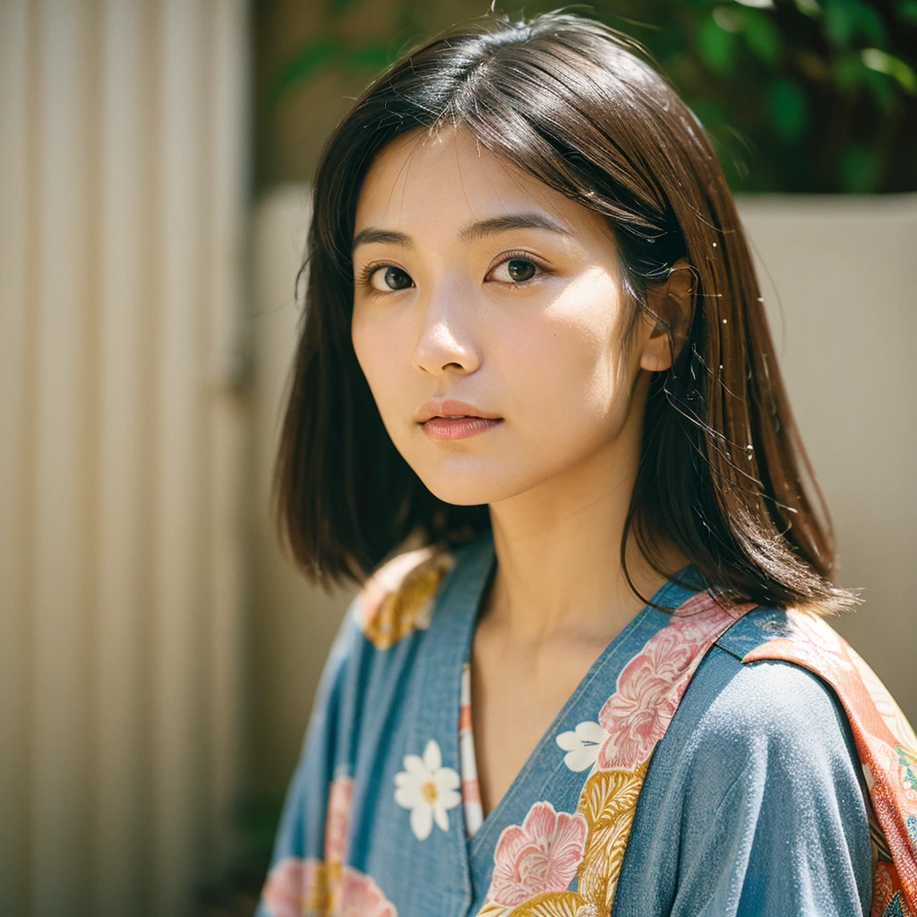 A hyper-realistic image of a single Japanese woman in her early 20s, captured from the shoulders up with the nostalgic warmth and subtle graininess of a film camera. She is wearing a traditional yukata with a vibrant, cute design featuring bold and colorful floral patterns such as cherry blossoms and peonies in shades of pink, red, and lavender, set against a soft pastel background. The obi is elegantly tied with a complementary color, adding a playful touch. The fabric of the yukata appears naturally lightweight, with visible folds and textures that enhance its realism, draping gracefully over her shoulders. Her skin, seen clearly from the shoulders up, has a warm beige tone with a highly realistic, slightly rough texture, showing visible pores, fine lines, and minor blemishes. The texture includes areas of slight unevenness, such as subtle dryness around the cheeks and small shadows under the eyes, deliberately embracing imperfections that mimic real-life skin, avoiding any airbrushed look. The lighting is soft and muted, replicating gentle, diffused natural light from an overcast day or early evening, creating soft shadows that enhance the depth and authentic texture of her skin, emphasizing every detail like the fine hairs and natural sheen. Her straight, glossy black hair frames her face naturally, slightly tousled, adding to the authenticity of her look. Her deep brown eyes subtly reflect the ambient light, providing depth and a lifelike quality. The film camera effect introduces a noticeable grain and a soft focus, giving the image a warm, nostalgic atmosphere while maintaining the raw, lifelike quality of her skin. The composition is centered solely on her, capturing her serene and understated elegance, focusing closely on the realistic textures of the yukata and her genuinely natural skin texture, as if it were a photograph taken in real life.