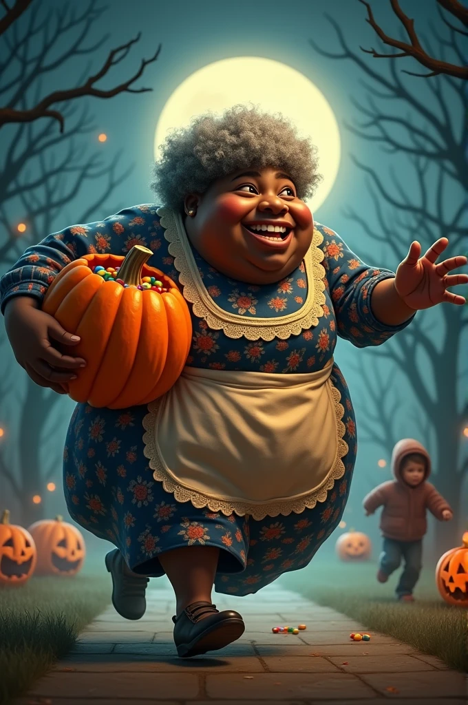 Bit fat black man with a candy pumpkin dressed as a granny chasing a kid on a halloween midnight 