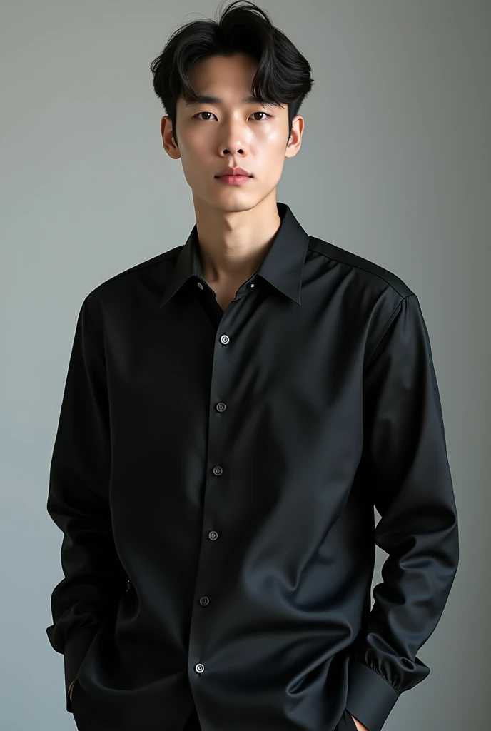 A white Korean man wearing a black shirt , Official product pictures, Bad Ulzzang, long-sleeved shirts, Inspiration from Zhang Han, Inspired by Jeon Seok Lee, long-sleeved shirt, Chai Sukun, 