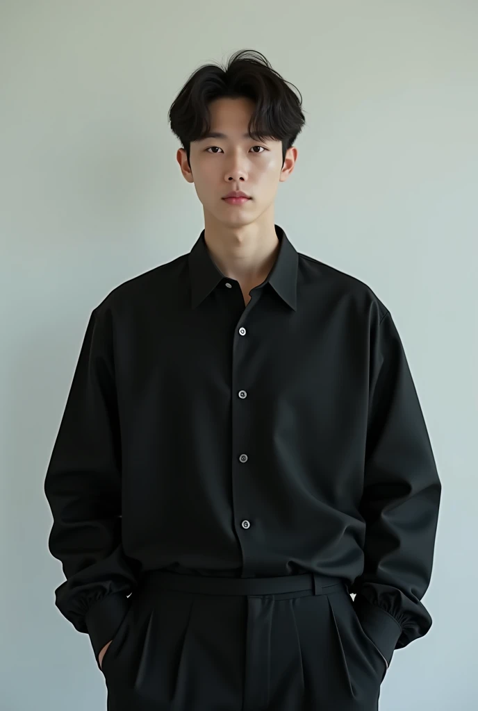 A white Korean man wearing a black shirt , Official product pictures, Bad Ulzzang, long-sleeved shirts, Inspiration from Zhang Han, Inspired by Jeon Seok Lee, long-sleeved shirt, Chai Sukun,