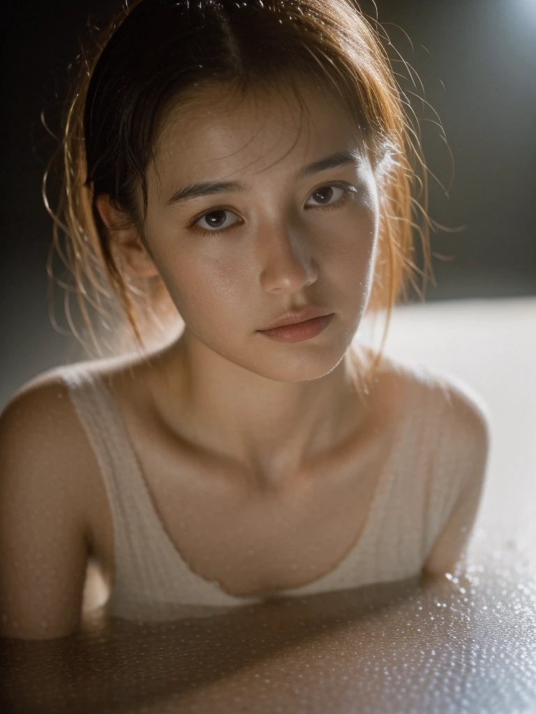 masutepiece, (Best Quality:1.4), Realistic, Dramatic lighting,Professional Writing,strong shadows,Highly detailed unified 16k wallpapers, Photorealistic ray-traced depth of field,Wet roads ,Orange filter、((Random pose 1.3)),drenched, Dripping, Wet Face,Wet clothes, Wet Skin, Wet Hair,A young woman with a cute face like a Japanese idol,(Cleavage),((Cinema Lighting),(Natural light),(High level of artistry),(artistic),(Indistinguishable quality from the real thing),RAW Photos,Genuine,Genuine,High resolution,RAW Photos,masterpiece, beautiful