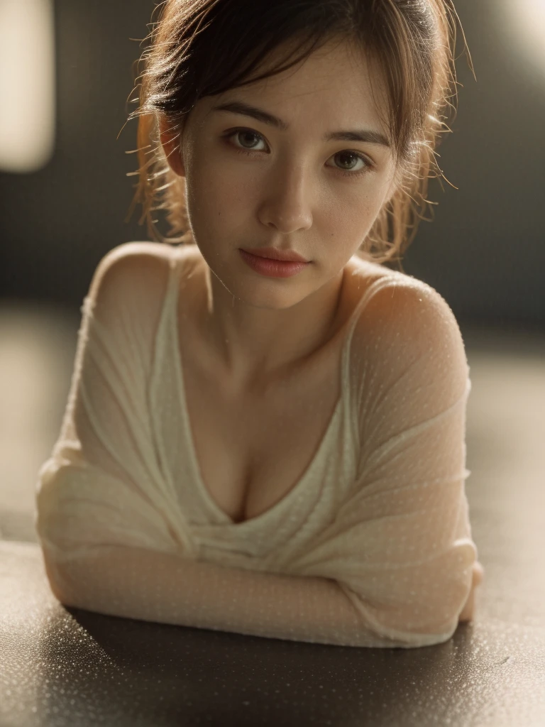masutepiece, (Best Quality:1.4), Realistic, Dramatic lighting,Professional Writing,strong shadows,Highly detailed unified 16k wallpapers, Photorealistic ray-traced depth of field,Wet roads ,Orange filter、((Random pose 1.3)),drenched, Dripping, Wet Face,Wet clothes, Wet Skin, Wet Hair,A young woman with a cute face like a Japanese idol,(Cleavage),((Cinema Lighting),(Natural light),(High level of artistry),(artistic),(Indistinguishable quality from the real thing),RAW Photos,Genuine,Genuine,High resolution,RAW Photos,masterpiece, beautiful