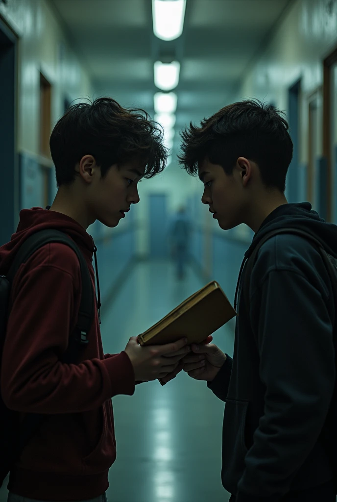 Two boys staring at each other and secretly handing a book to each other in a school