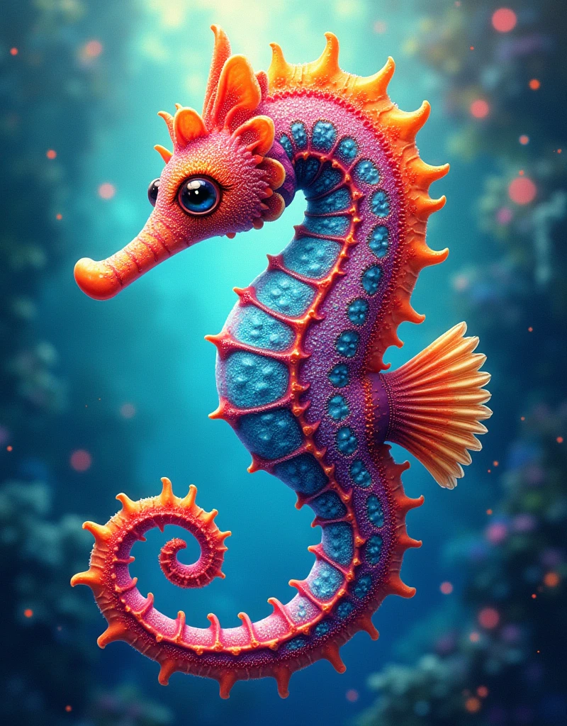 Create a mesmerizing portrait of a kaleidoscopic seahorse, adorned with vibrant, swirling colors and intricate patterns that shimmer like gemstones. The creature should be set against a dreamlike underwater backdrop, with ethereal light filtering through the water, casting a magical glow. Emphasize its delicate, flowing fins and the enchanting, surreal quality of its form, evoking a sense of wonder and whimsy, zentangle pointillism watercolor, intimidating and imposing, dynamic pose, studio light, diffuse light, Sgraffito, soft pastel touch, overexposure oil painting on canvas style, impressionist, sfumato, chiaroscuro, sanpaku eyes, Grisaille Monochrome underpainting, fauvism, expressionistic portrait of a Japanese animation still, insanely intricate details, extremely sharp focus, whimsical surrealistic dreamscape collage, maximalism, Rembrandt lighting, unique artistic composition, terragen, phi ratio, Fabonacci, Siloa