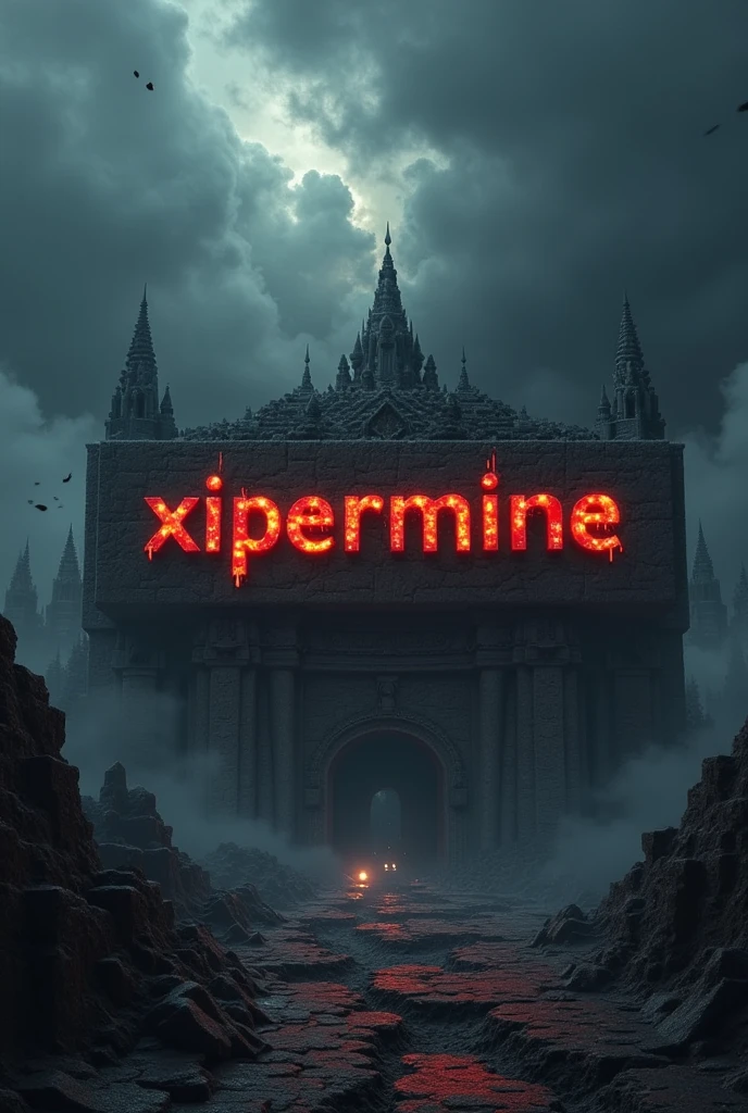 Minecraft logo that says xipermine (end of the world theme)