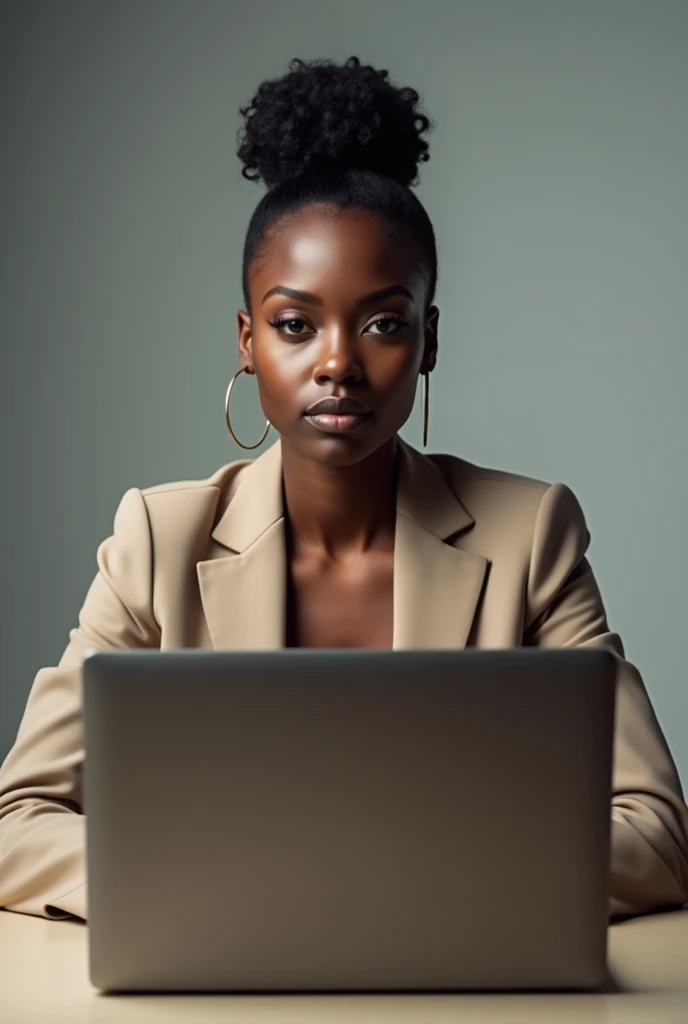 A Beautiful African lady wearing suit sitting in the studio looking straight to the camera with laptop in front of her