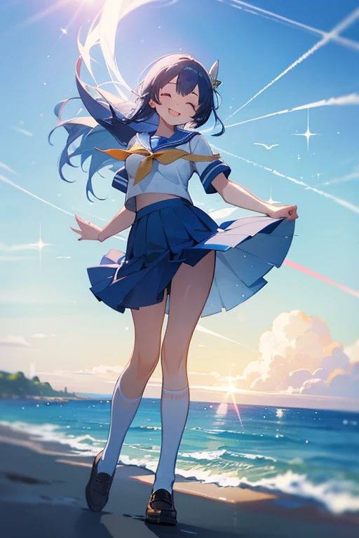 School, Sailor uniform, Breasts, Short skirt, Strong wind, Seaside, Blue sky, Sunshine, Sparkle, Contrail, Eyes closed, Smile, Cheerful, Facing backwards, Looking at the camera
