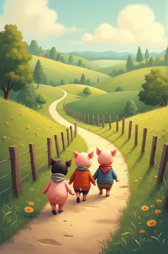 3 little pigs walking away on a path . to color
