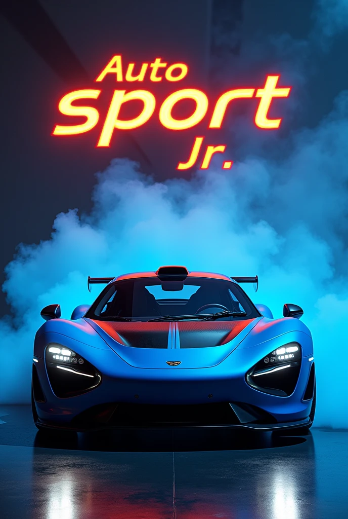 A luxury car, a blue and black Porsche.
That the title is Auto Sport JR That the title is made of fire and decorated like something mechanical that has blue and black smoke coming out in the background.
that all this is in a room with lights from below leave that photo and add the jr