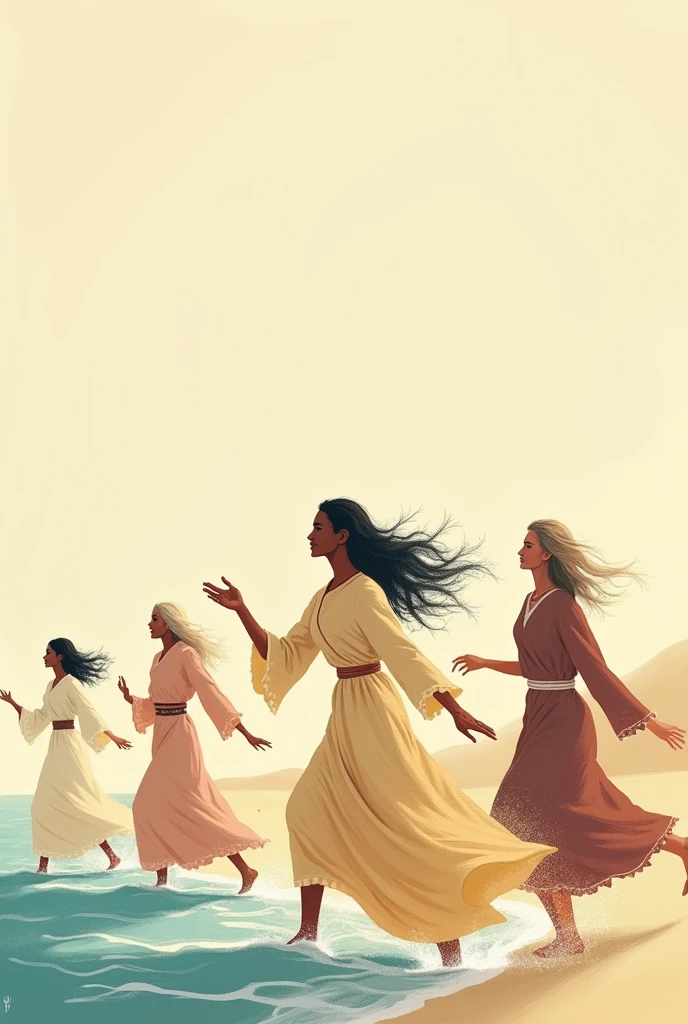 Create a digital illustration drawing, Like a minimalist painting of the biblical passage of Miriam (Exodus 15:19-20), Dancing with her tambourine alongside other women. Use pastel tones, Prefer thin, organic outlines