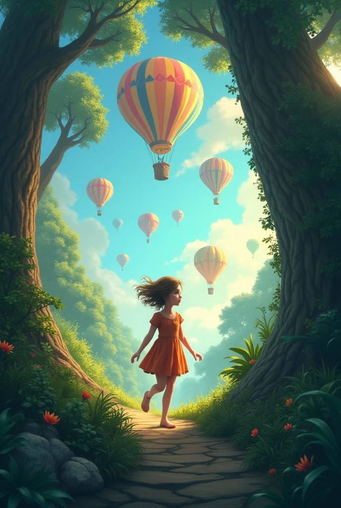 A girl who enters a border in a forest and in the sky there are hot air balloons 