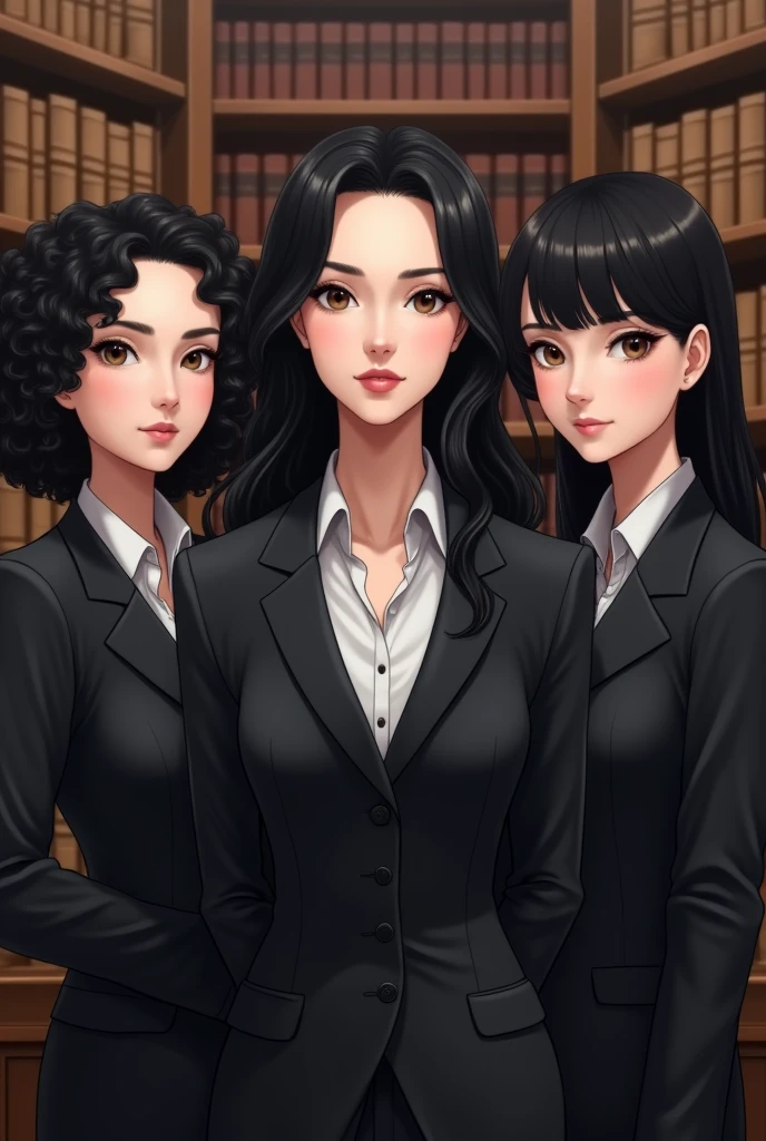 Three women lawyers, one with black curly hair, one with long black hair and the other with medium-long black hair, White skin 