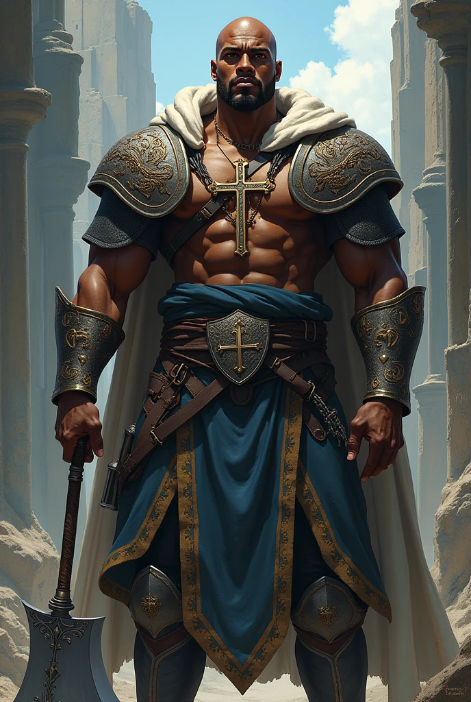 Japanese anime style: Muscular Black Man, with a confident look and a serene expression, being bald, wears medieval clothing with some parts protected by armor, has a cross emblem on his chest and carries a large silver axe
