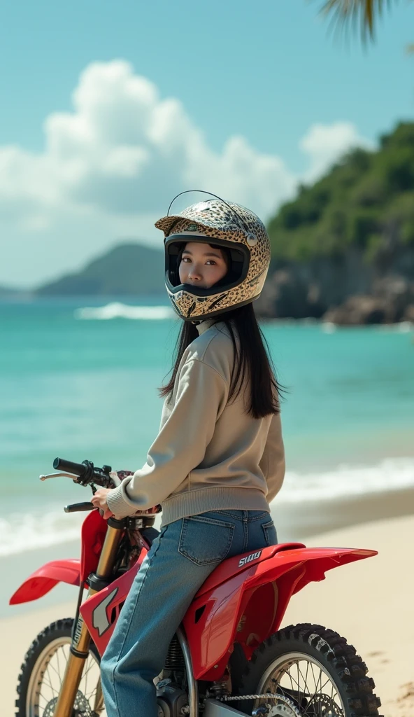 realistic, cinematic scene, very beautiful Japanese high school girl, standing style riding an off-road motorcycle, at beautiful quiet beach in resort island, dramatic scene, masterpiece, (face focus:1.3), clear helmet visor, beautiful eyes, Honda CRF250L, stylish patterned Shoei helmet, (wearing off-road rider's outfits), (shoot from behind:2), full body, looking back