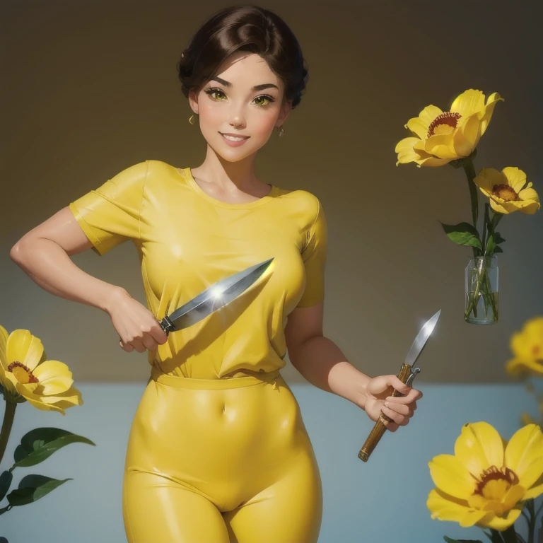 Eyes red, Kizi, holding a knife, yellow-green striped shirt with thicker stripes, Eyes red brilhando em vermelho, head tilted, short brown hair, mushroom head, with a clear smile on his face, Chara, two-dimensional, standing among golden flowers with a ray of light above his head