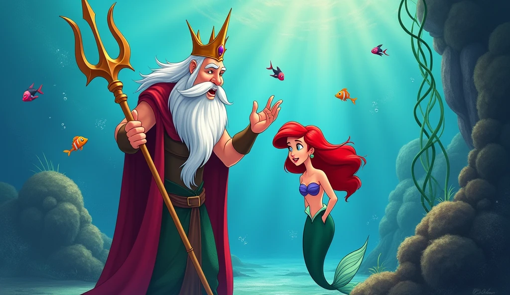 King Triton pointing up while swimming and talking to his daughter Ariel