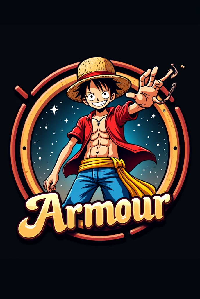Create a logo of monkey d luffy at age 18 from one piece holding a GUM and background make a circle and inside that circle create dark sky and write ARMOUR on circle