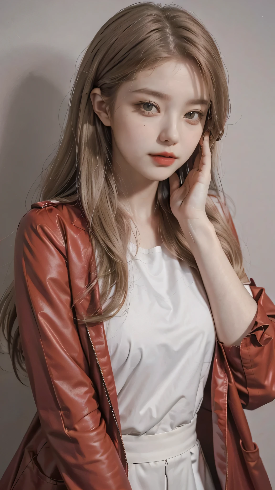 Girl wearing, luxury red coat, shoulder length hair, wavy hair, glowing skin, star in eye, red lips, grey background, cute poses , upper body, light blonde hair.