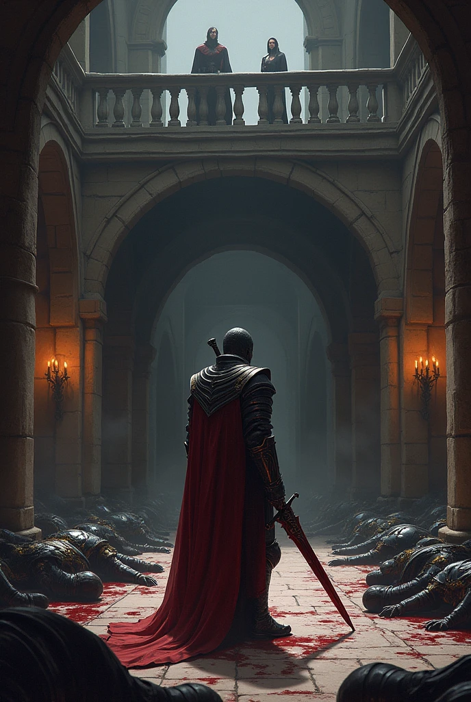 In the dimly lit courtyard, the aftermath of the brutal combat demonstration is laid bare. The Obsidian Guard, clad in his dark, blood-red-trimmed armor, stands in the center of the scene, his massive sword held at his side. The blade drips with the blood of the fallen, a silent testament to the carnage that has just taken place. Around him, the bodies of 25 Iron Talon soldiers are strewn across the stone floor, their once-proud black and gold armor now stained with crimson. Not a single scratch mars the Guard's armor, his invincibility a stark contrast to the devastation around him.

Above, on a high balcony overlooking the courtyard, Lady Seraphina d’Aurelis and Lady Althea Voss watch the scene unfold. Seraphina's expression is a complex mix of satisfaction and unease, while Althea’s eyes gleam with a dark satisfaction, knowing that this display of power has further cemented her influence. The flickering torchlight casts long, eerie shadows across the courtyard, heightening the ominous atmosphere of the scene.