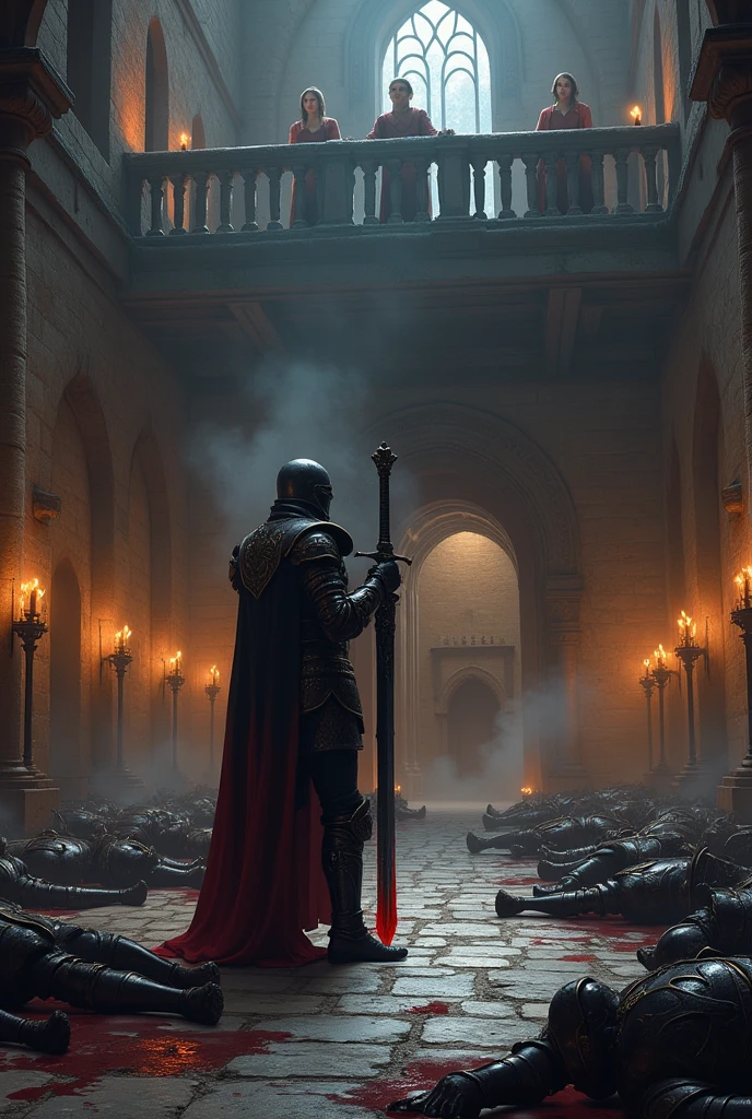 In the dimly lit courtyard, the aftermath of the brutal combat demonstration is laid bare. The Obsidian Guard, clad in his dark, blood-red-trimmed armor, stands in the center of the scene, his massive sword held at his side. The blade drips with the blood of the fallen, a silent testament to the carnage that has just taken place. Around him, the bodies of 25 Iron Talon soldiers are strewn across the stone floor, their once-proud black and gold armor now stained with crimson. Not a single scratch mars the Guard's armor, his invincibility a stark contrast to the devastation around him.

Above, on a high balcony overlooking the courtyard, Lady Seraphina d’Aurelis and Lady Althea Voss watch the scene unfold. Seraphina's expression is a complex mix of satisfaction and unease, while Althea’s eyes gleam with a dark satisfaction, knowing that this display of power has further cemented her influence. The flickering torchlight casts long, eerie shadows across the courtyard, heightening the ominous atmosphere of the scene.