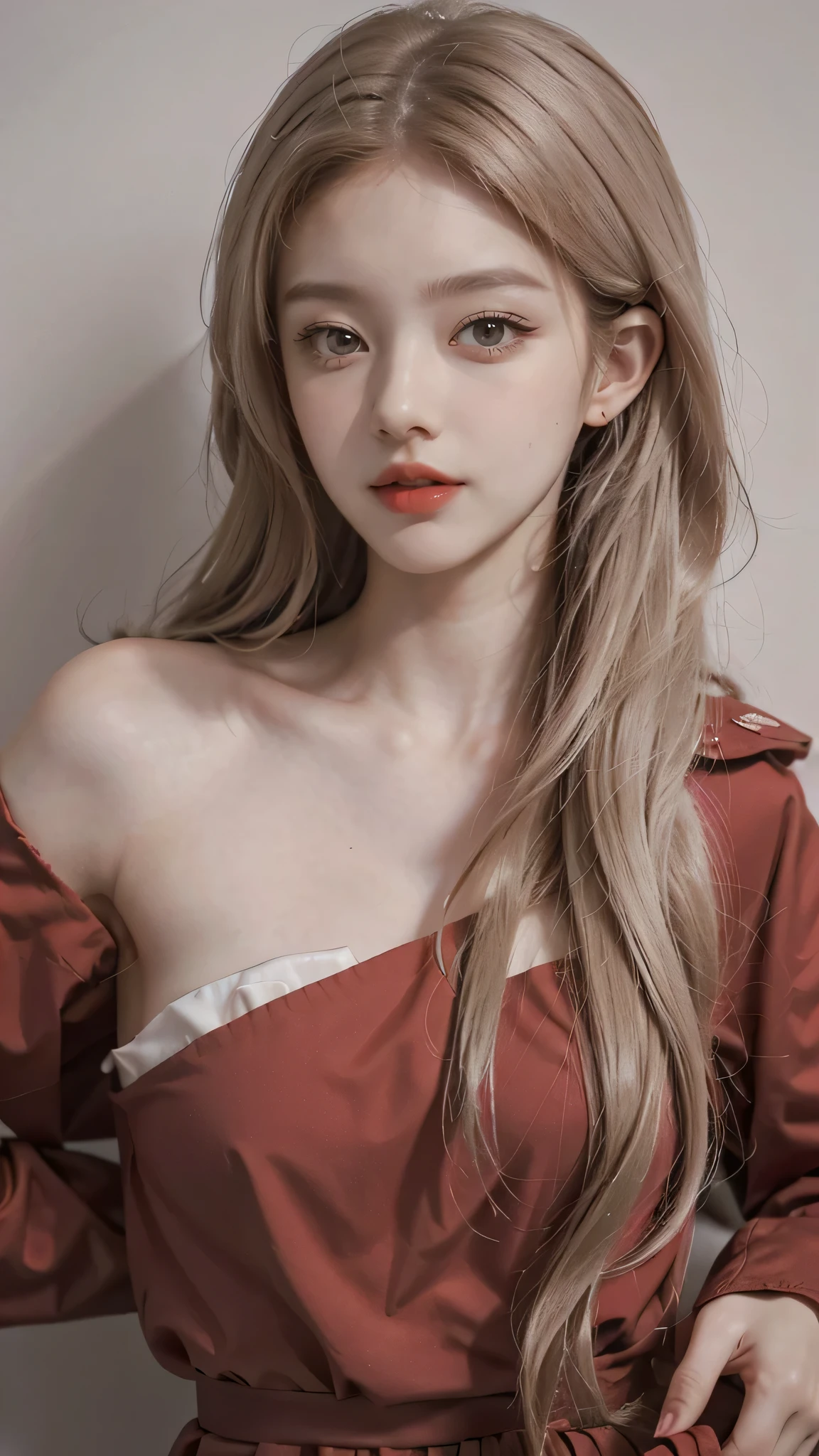 Girl wearing, luxury red coat, shoulder length hair, wavy hair, glowing skin, star in eye, red lips, grey background, cute poses , upper body, light blonde hair.