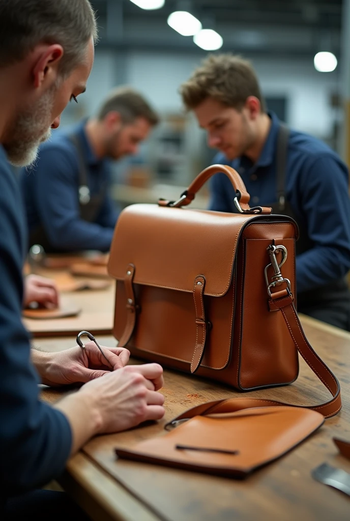 final assembly of leather bag in company