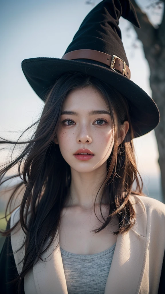 photorealistic, 35mm, intricate details, hdr, intricate details, hyperdetailed, natural skin texture, hyperrealism, sharp, 1 girl, adult (elven:0.7) woman, freckles, grey eyes, chestnut layered hair, portrait, looking down, solo, half shot, detailed background, witch hat, witch, magical atmosphere, hair flowing in the wind, red trimmed light colored clothes, whirlwind of swirling magic spell in the air, dark magic, (style-swirlmagic:0.8), floating particles,