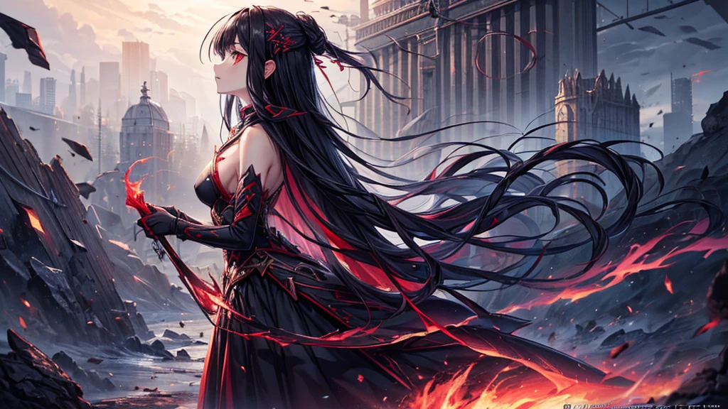 (((best quality, High resolution, Textured skin, high quality, Precise CG unification, game CG))), (One woman), (((Facing left))), Are standing, red eyes, black long hair, flame, (profile view:1.4),
