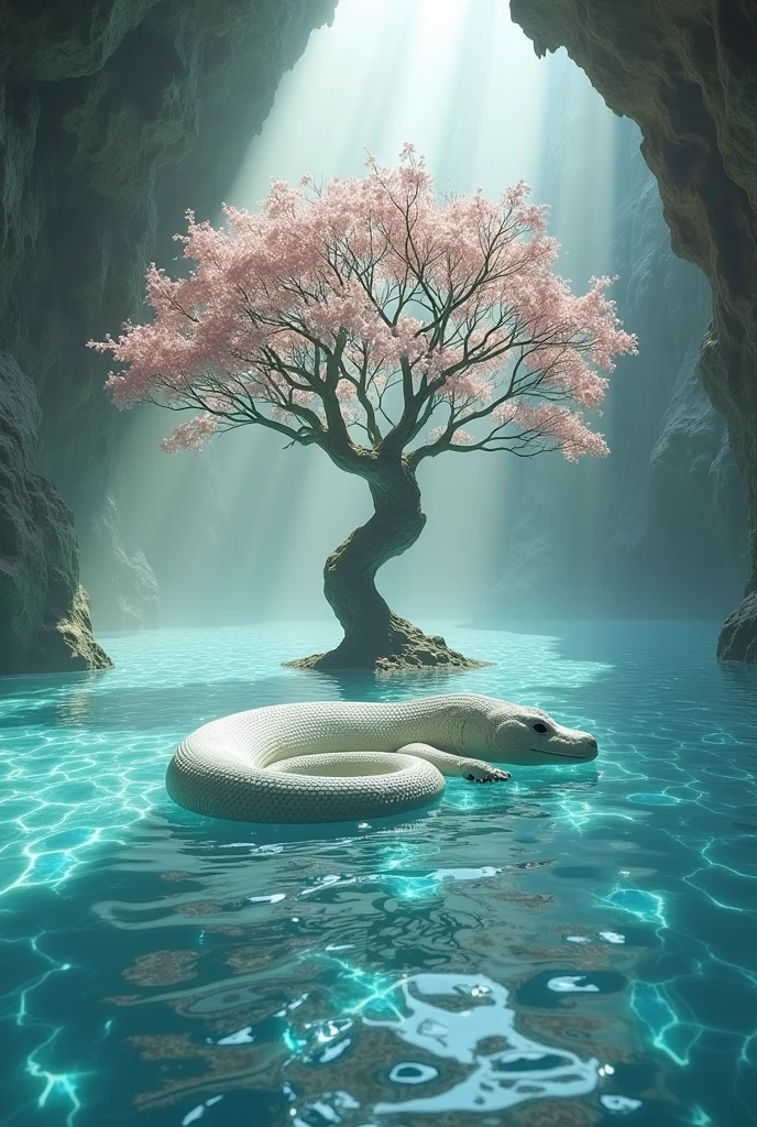 A white scaled reptilian, bathes in a huge pool made of octagonal-shaped sharp diamond crystals, in the center of it a sacred tree that grew naturally,  with pink flowers and long branches that touch the pool water.
 This piacina is located inside a huge cave in 