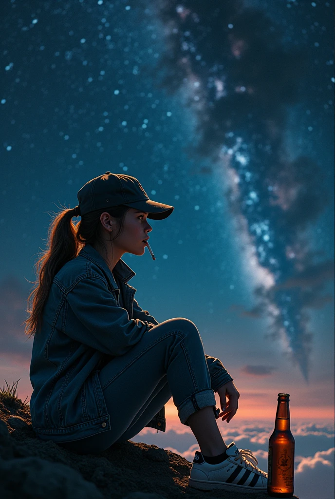 Tomboy girl with a Yankees cap with a cigarette in her mouth looking at the galactic sky with the Star Link star train sitting looking at the abyss from a mountain with a jacket and Adidas shoes and a bottle of beer