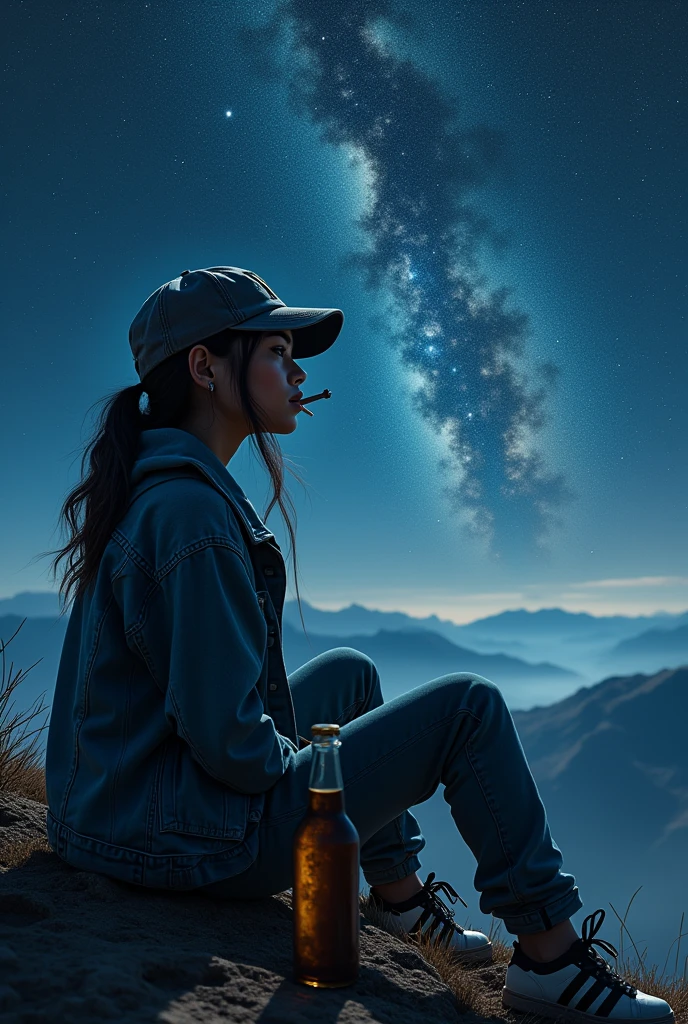 Tomboy girl with a Yankees cap with a cigarette in her mouth looking at the galactic sky with the Star Link star train sitting looking at the abyss from a mountain with a jacket and Adidas shoes and a bottle of beer