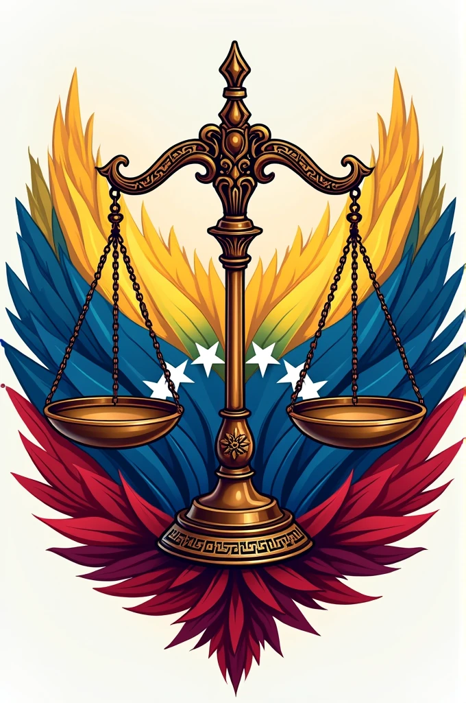 Create a logo for Venezuelan Folklore Lawyers with the flag on both sides, a harp and the scales 