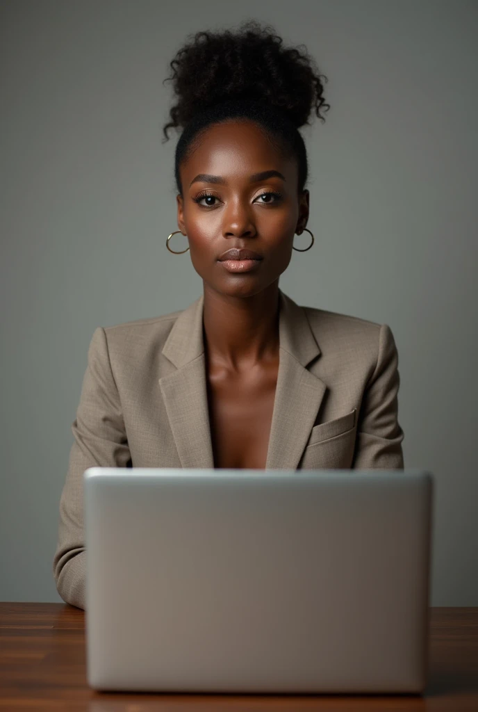 A Beautiful African lady wearing suit sitting in the studio looking straight to the camera with laptop in front of her