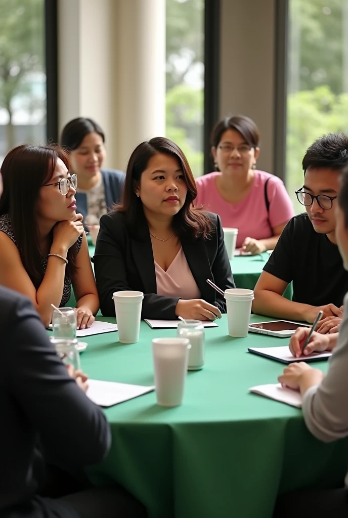 7 Filipino old women and 1 man educators in a round, green with 5 white disposable cups and two glass table attending a conference where 3 women wearing black coat, the two of them wearing pink dress, the man is wearing black t-shirt holding phone, one of the women working on her laptop: with names tags jean, Denis,marbeth,jenny, Dave, Cheryl, and torres