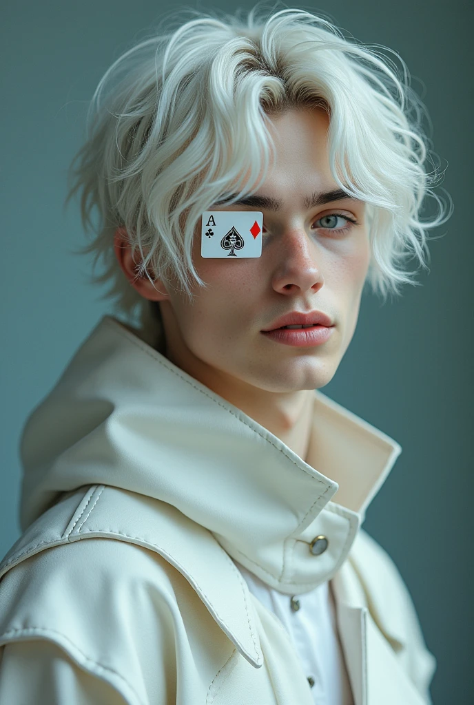 REAL LIFE, young man, white hair, bangs in the hair, emo bangs in the hair, BANGS IN THE HAIR, straight hair, blue eyes, male, real life,  realistic, MAN,  retrô, human, live action,  White cape, a playing card in the eye as a eye patch, Full  body, HE IS A MAN, MALE, very beautiful young man, White clothes, smile 