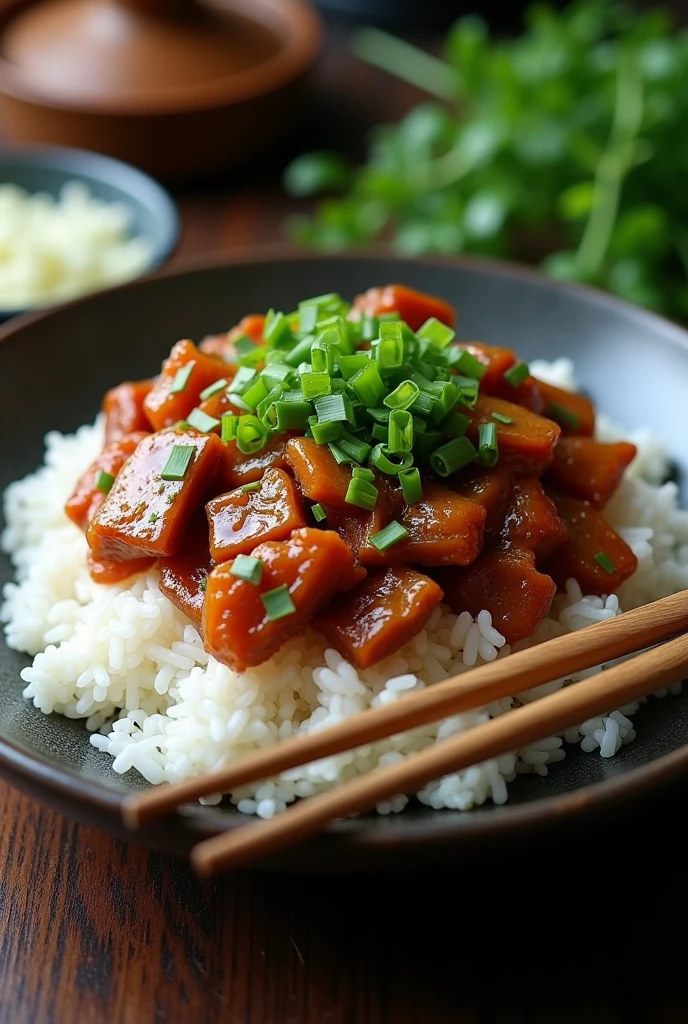 masterpiece、 Highest quality, Highly detailed、8k、 High resolution, Stir-fried liver and chives、white rice、chopsticks、
