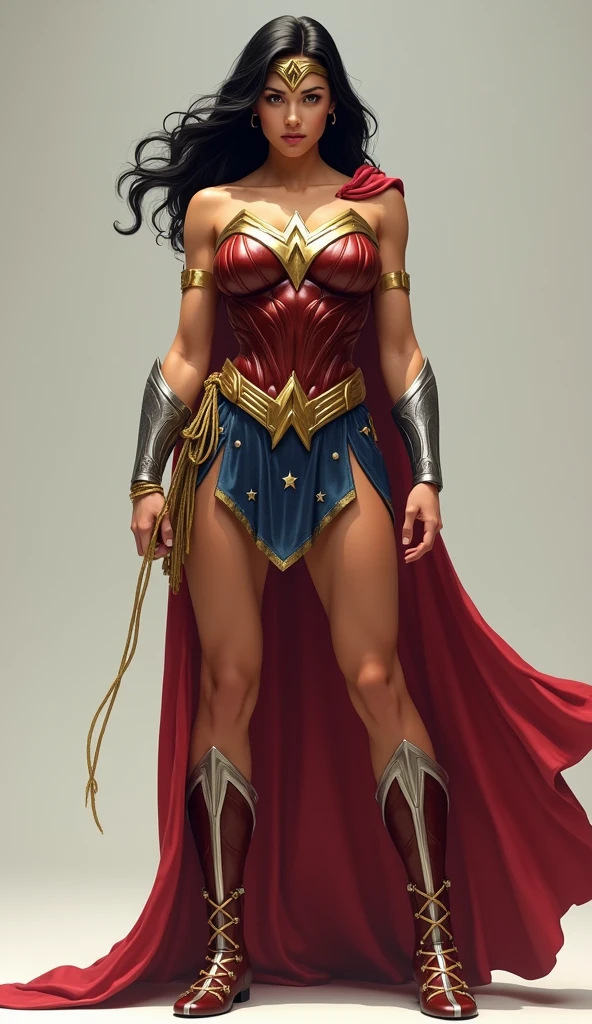 Muscular body woman, based on the DC comics character Wonder Woman, metal suit, black hair long, metal tiara, steel bracelet.