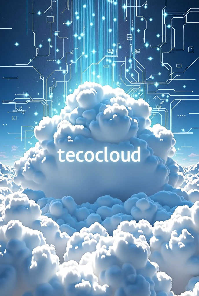Cyberpunk white cloud in the sky, with white and blue rays and information circuits and stars and in relief clearly legible written "tecoCloud". Super detailed