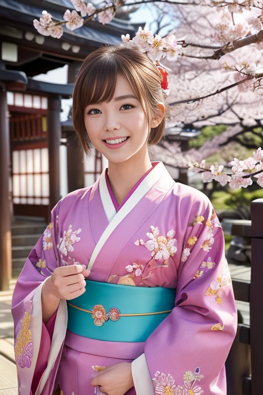 (RAW shooting), (Photorealistic), ((masterpiece)), ((Highest quality)), (Very detailedな), ((cute)), cute, ((Very detailed)), (beautiful目), (Detailed facial features), (Thin fingers), (Detailed characteristics of the garment), 4K, (8k), Highest quality, (beautiful), (Upper Body:1.3), (Selfie:1.3), (Japanese shrine with vibrant cherry blossoms:1.4), ((walk)), sunrise, Beautiful woman, alone, (High-quality kimonos in vibrant colors:1.3), (Gorgeous embroidered kimono:1.3), beautiful Light Brown hair, beautiful Blue Eyes, ((beautiful目)), short hair, White teeth, (great joy:1.3), Lens flare, Shining with colored light, Shiny