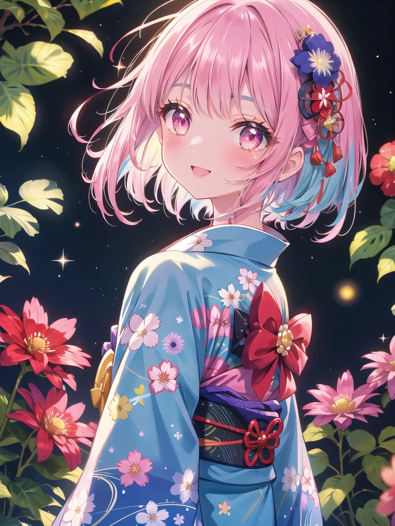 ((8k, Highest quality, masterpiece: 1.3)), Ultra-high resolution, (1 girl, alone), (Color changing eyes, Ultra-detailed, Expressive brilliance, Glitter, Glowing Eyes), Highly detailed eyes, Highly detailed face, Random Hair, ((pastel colour)) Create an image of a cute anime girl with (light blue shoulder-length bob-cut hair), which has a natural shine and soft texture. Her bangs are gently parted to the sides, slightly above her eyebrows. She has large, vibrant pink eyes that are glossy, reflecting her joyful spirit. Her expression is bright and cheerful, with a genuine, wide smile that reveals her joy. Her eyes are slightly squinted, showing the natural crease of laughter, and her mouth is open just enough to reveal a sense of excitement. Her cheeks are lightly flushed, enhancing her cheerful demeanor, and there’s a sparkle in her eyes that suggests she’s caught in a delightful moment. The corners of her lips are lifted in a way that conveys genuine happiness, creating a warm and inviting vibe. She is wearing a traditional Japanese yukata with a white base and pink and red floral patterns, accented with a subtly visible red obi at the neckline. A blue flower hairpin adorns the left side of her hair, adding a touch of elegance and cuteness. The background is set at night with a deep blue sky, creating a serene and magical atmosphere. Slight hints of traditional Japanese architecture are visible, enhancing the calm and evening ambiance around her, making it feel like a joyful and festive summer night.