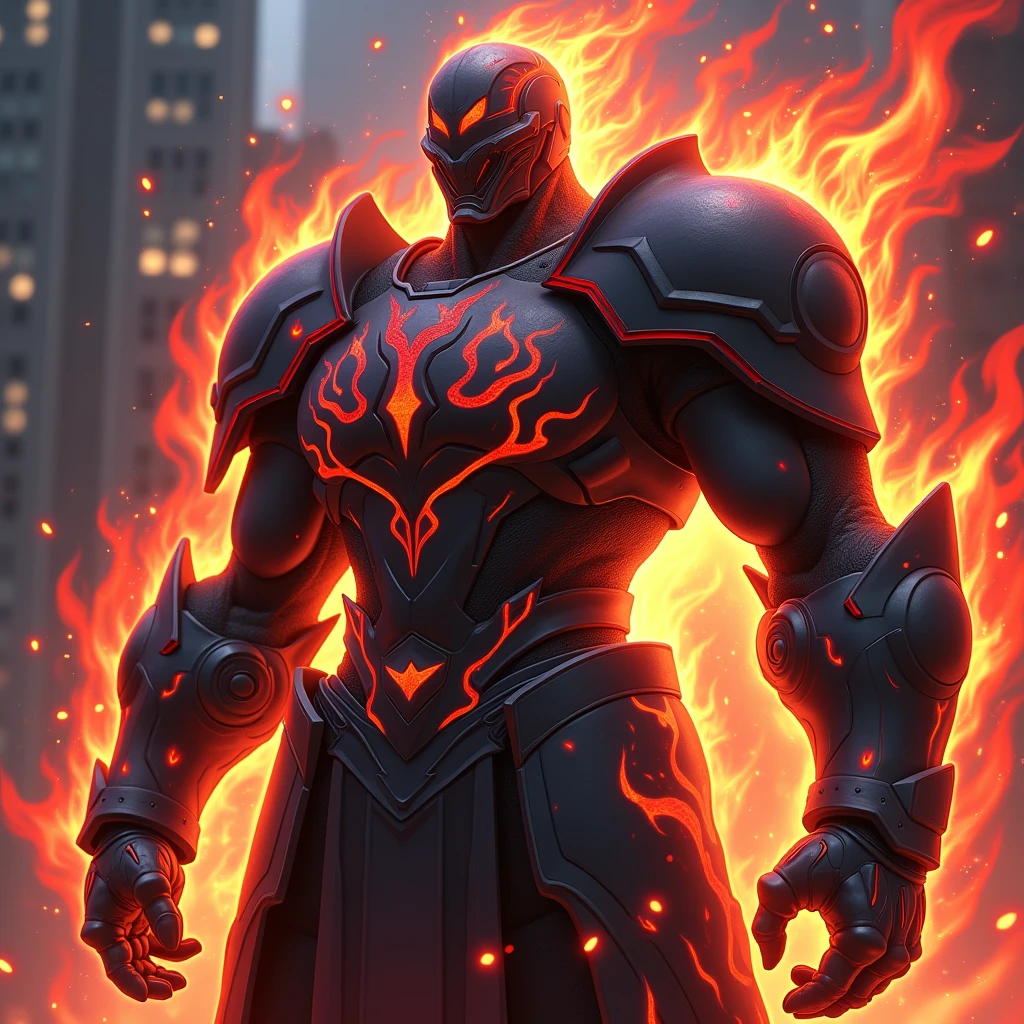 A heavily reinforced suit of battle armor designed to channel and enhance wielder's Hell Fire magic. The armor has built-in flame projectors and a heat shield, allowing him to unleash torrents of infernal fire while remaining protected from counterattacks. The armor glows with an ominous red light when fully activated, symbolizing his mastery over Hell Fire. Charcoal black with crimson flames etched across the surface. Super Detailed, Textured Skin, High Resolution, High Quality, Anime Style, Futurism,