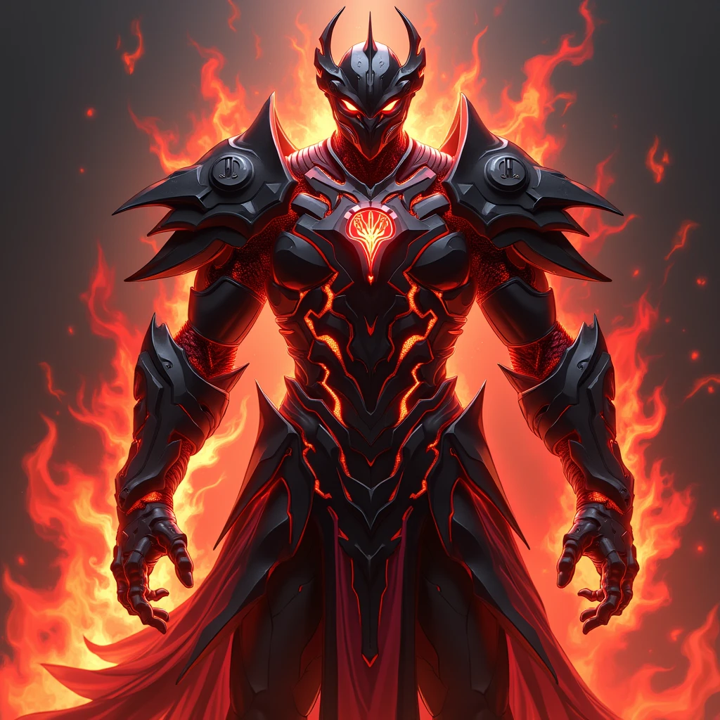 A heavily reinforced suit of battle armor designed to channel and enhance wielder's Hell Fire magic. The armor has built-in flame projectors and a heat shield, allowing him to unleash torrents of infernal fire while remaining protected from counterattacks. The armor glows with an ominous red light when fully activated, symbolizing his mastery over Hell Fire. Charcoal black with crimson flames etched across the surface. Super Detailed, Textured Skin, High Resolution, High Quality, Anime Style, Futurism,