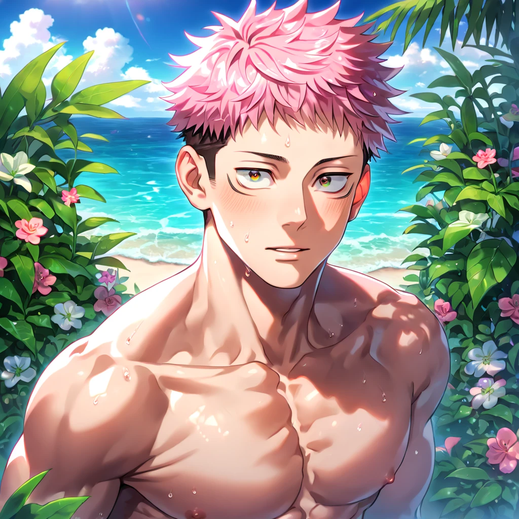 absurdres, highres, ultra detailed, HDR, master piece, Itadori Yuuji, pink hair, expressive brown eyes, without shirt, Jujutsu Kaisen, toned chest, bare chest, sexy man, handsome, best quality, beach, fantasy, magical, solo, water, sensual, horny, green leaves, flowers, manly man, close up, handsome