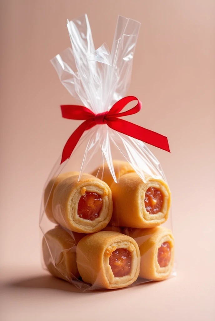 A bag of Brazilian sweet goiabinha (which is a piece of guava paste rolled in a square, flat dough rolled diagonally and baked in the oven) in a plastic bag tied at the end with a red bow. There are 8 units inside the bag.
