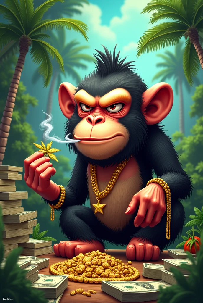 Create me an image of a monkey smoking marijuana with lots of bills and palms and gold chains And squinting eyes and that is called macaco Animated serious face and a big title that continues macaco Make another worse one that smokes out of its mouth One that has its eyes almost closed and Chinese