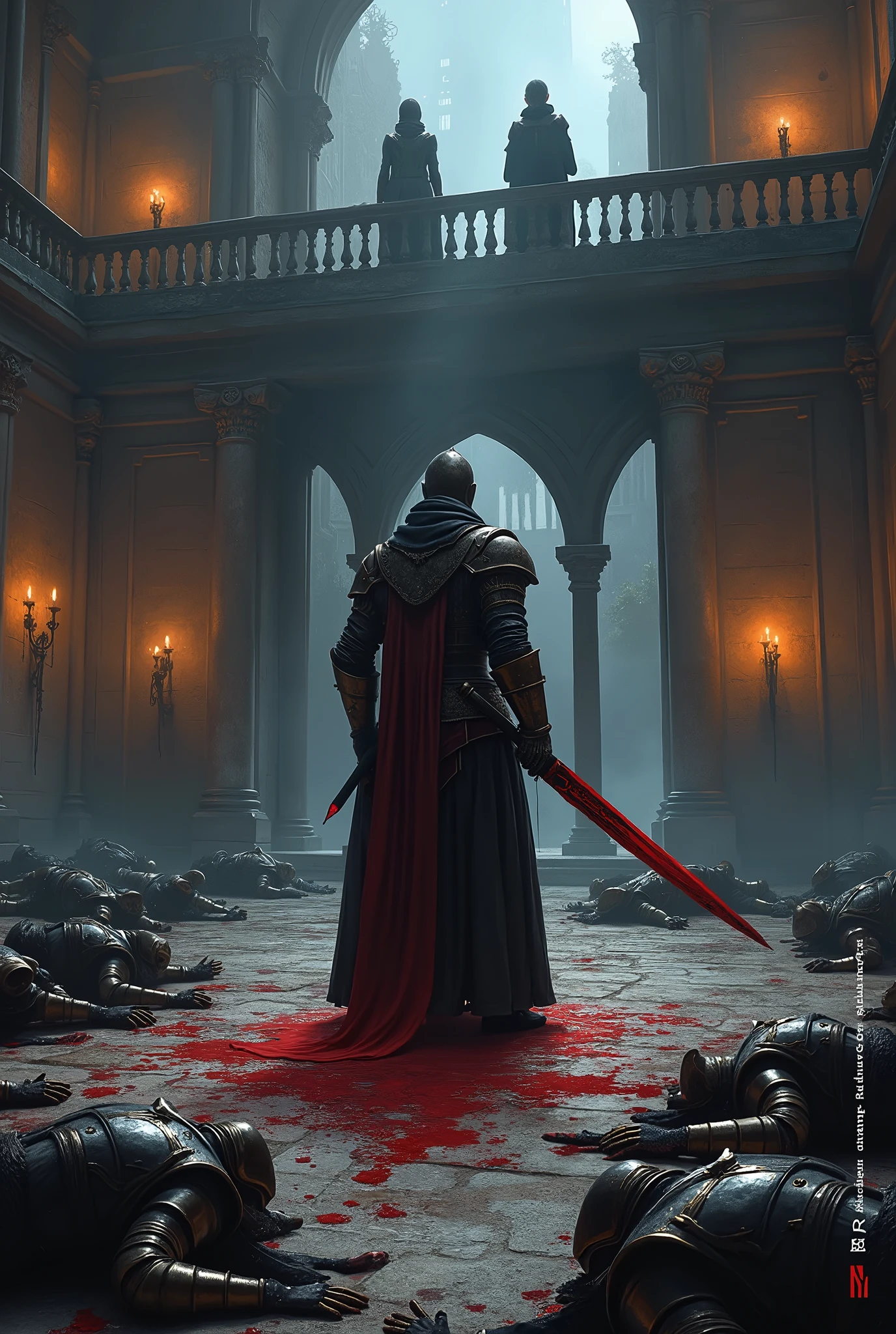In the dimly lit courtyard, the aftermath of the brutal combat demonstration is laid bare. The Obsidian Guard, clad in his dark, blood-red-trimmed armor, stands in the center of the scene, his massive sword held at his side. The blade drips with the blood of the fallen, a silent testament to the carnage that has just taken place. Around him, the bodies of 25 Iron Talon soldiers are strewn across the stone floor, their once-proud black and gold armor now stained with crimson. Not a single scratch mars the Guard's armor, his invincibility a stark contrast to the devastation around him.
Above, on a high balcony overlooking the courtyard, Lady Seraphina d’Aurelis and Lady Althea Voss watch the scene unfold. Seraphina's expression is a complex mix of satisfaction and unease, while Althea’s eyes gleam with a dark satisfaction, knowing that this display of power has further cemented her influence. The flickering torchlight casts long, eerie shadows across the courtyard, heightening the ominous atmosphere of the scene.