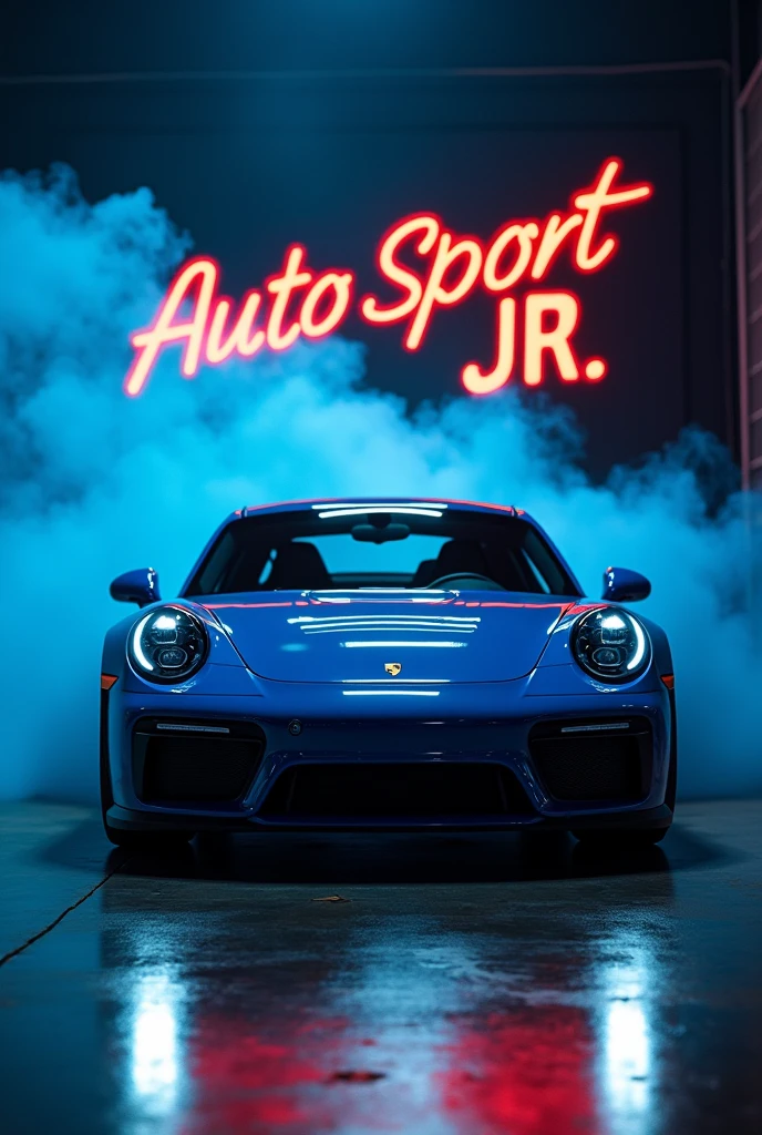 A luxury car, a blue and black Porsche.
That the title is Auto Sport JR That the title is made of fire and decorated like something mechanical that has blue and black smoke coming out in the background.
that all this is in a room with lights from below, leave that photo and add the jr so that everything looks real and not like animation



